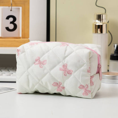 Quilted Cotton Bow Cosmetic Pouch Bag