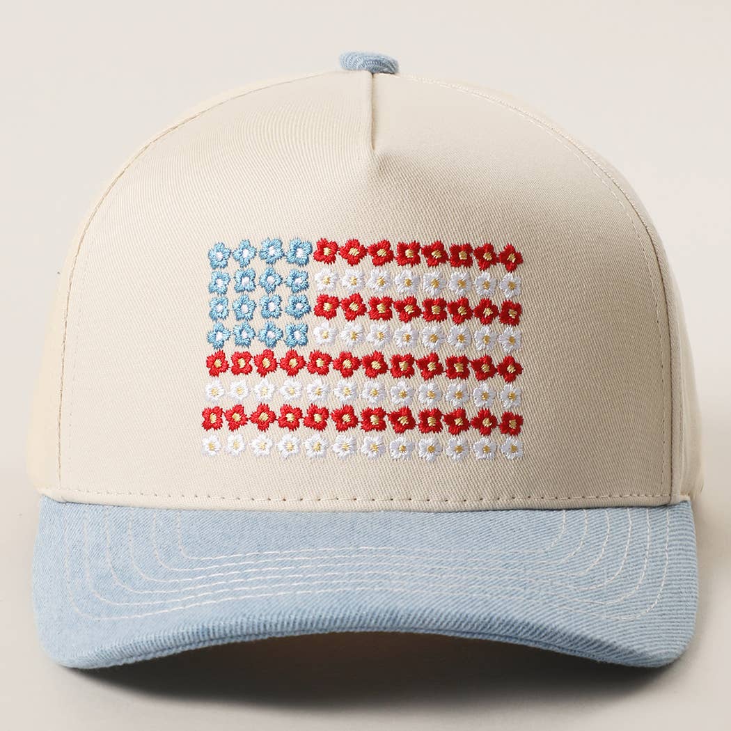 Lt. Denim Floral American Flag Embroidered Two-Tone Denim Trucker Hat