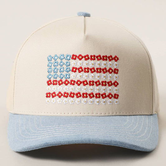 Lt. Denim Floral American Flag Embroidered Two-Tone Denim Trucker Hat