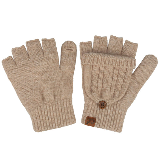 Beige Cable Pattern Convertible Flips Mitten Gloves
