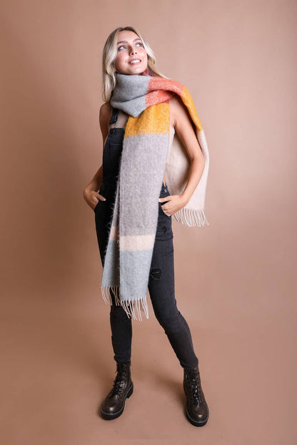 Lt.Blue/Oatmeal Winter Color Block Faux Mohair Scarf