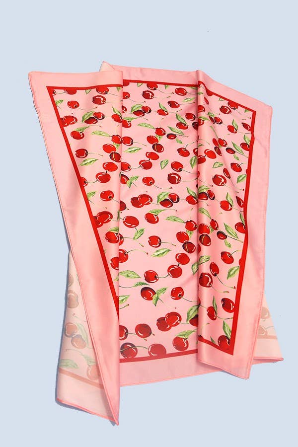 Pink Cherry Print Silky Feel Bandana Scarf