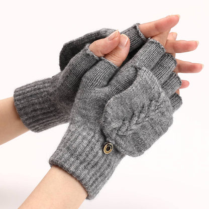 Gray, M Cable Knit Flap Half-Finger Warm Gloves