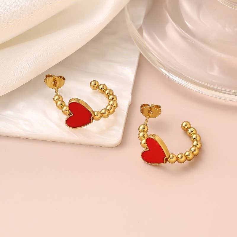 Red 18K Stainless Steel Tarnish Free Waterproof Hoop Bubble/Heart