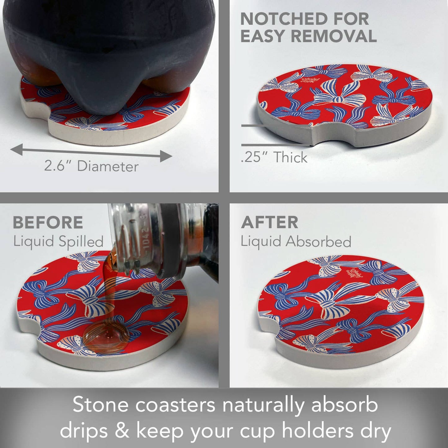 "Americana Bows" Absorbent Stone Car Coaster 1pk