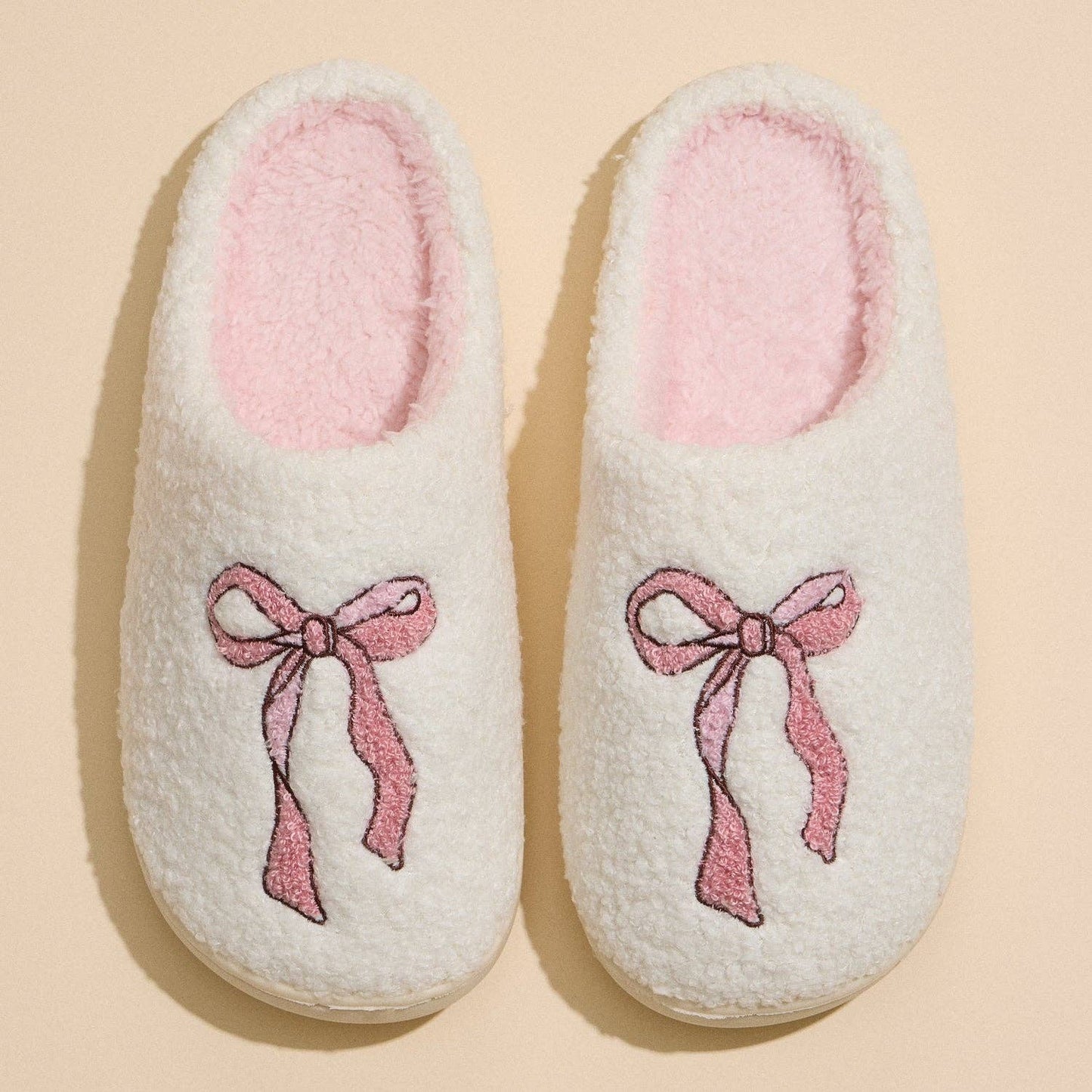 Plush Slippers with Soft Pink Bow Detail
