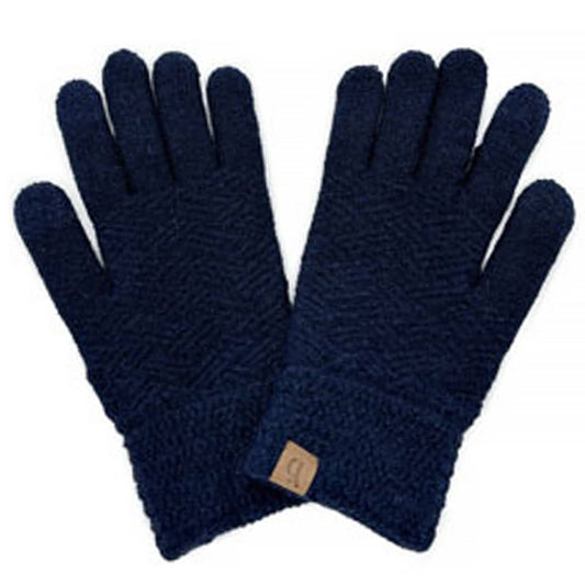 Navy Textured Solid Knit Touch Winter Gloves