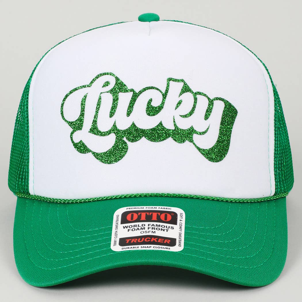 LUCKY Letter Glitter Logo Print Foam Trucker Hat
