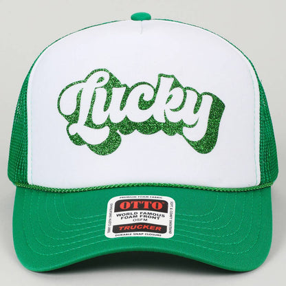 LUCKY Letter Glitter Logo Print Foam Trucker Hat