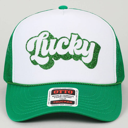 LUCKY Letter Glitter Logo Print Foam Trucker Hat