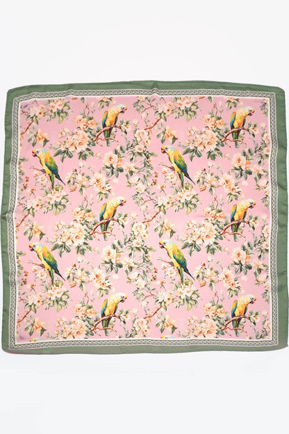 Pink Floral Bird Print Silky Feel Bandana Scarf