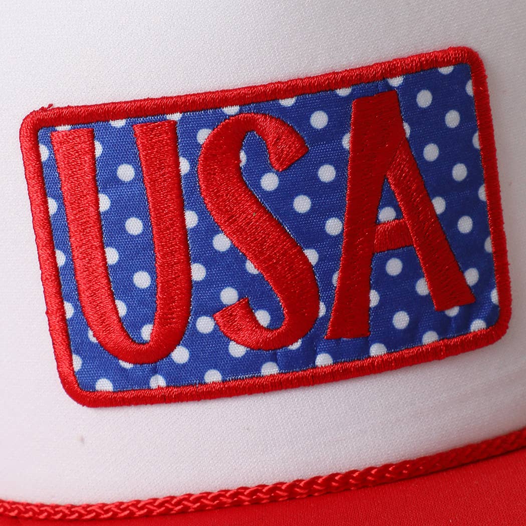 USA Embroidered Polka Dot Patch Foam Trucker Hat: RED/WHT/RED / ONE SIZE