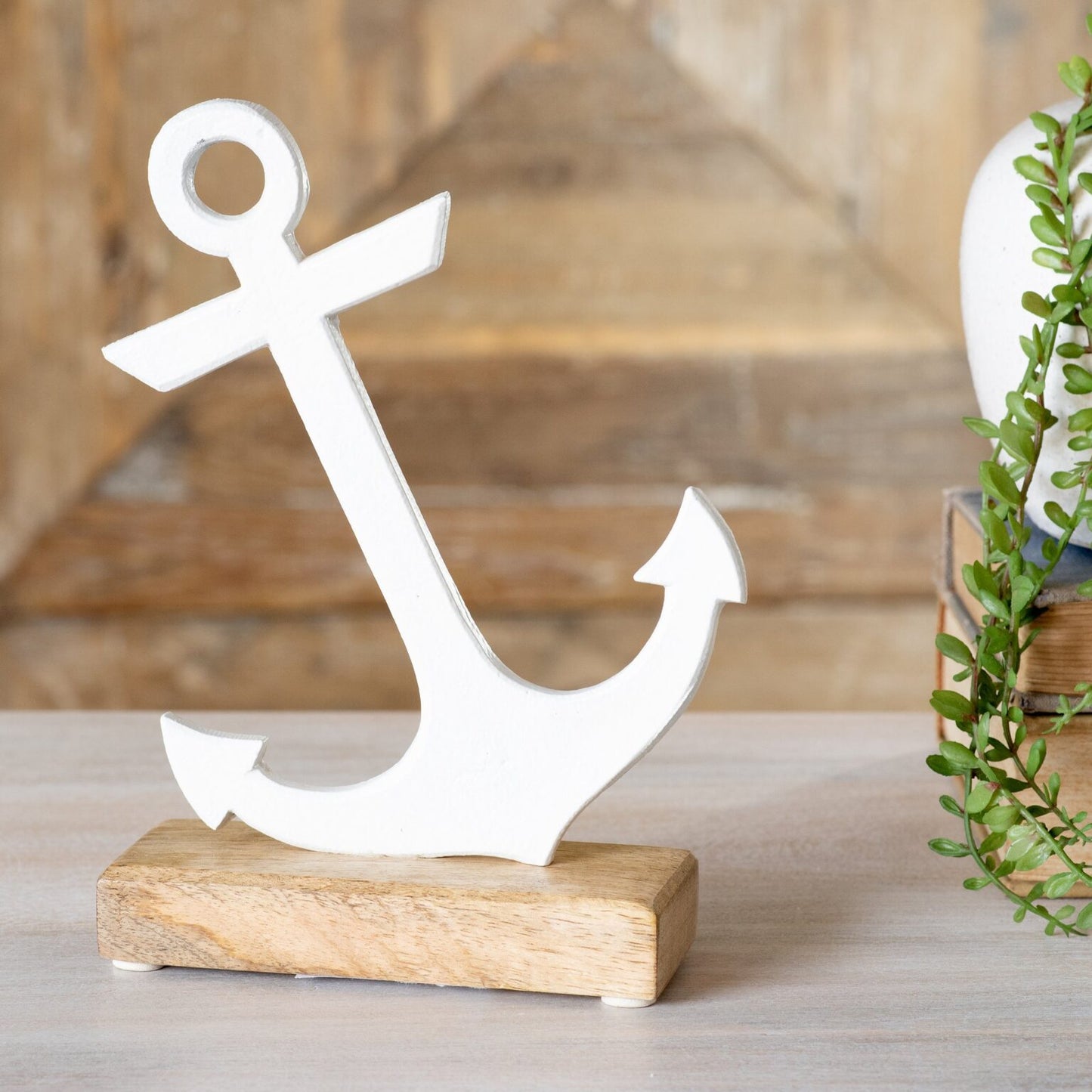 White Anchor on Wood Base