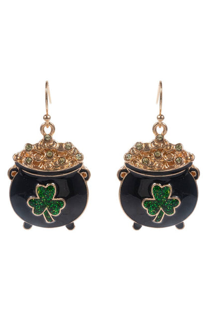 Saint Patricks Pot Of Gold Enamel Hook Earrings
