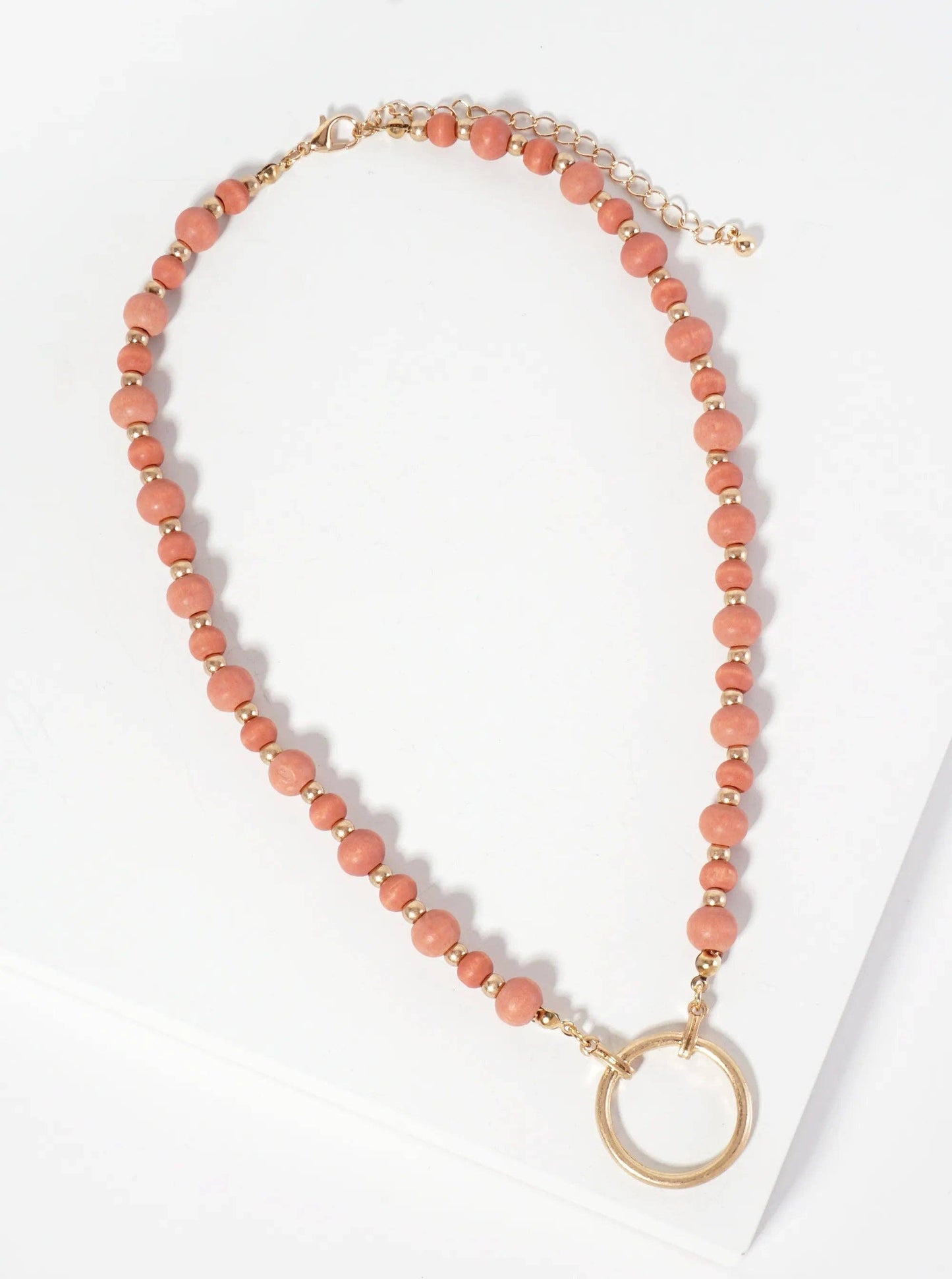 Metal Circle Pendant Color-Coated Wood-Beaded Chain Necklace: Coral
