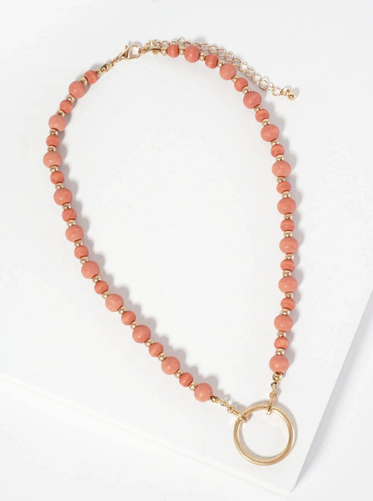 Metal Circle Pendant Color-Coated Wood-Beaded Chain Necklace: Coral