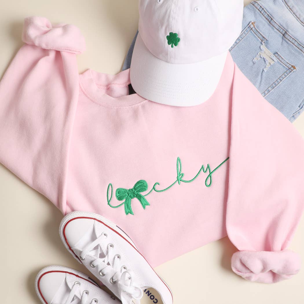Light Pink Bow and Lucky Shamrock Embroidered Heavyweight Sweatshirt