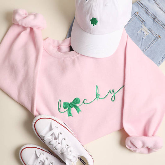 Light Pink Bow and Lucky Shamrock Embroidered Heavyweight Sweatshirt