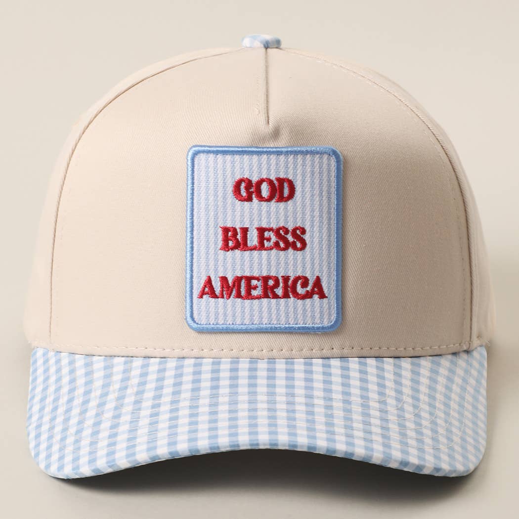 Gingham Trucker Hat, GOD BLESS AMERICA Embroidered Patch  SKY BLUE / ONE SIZE