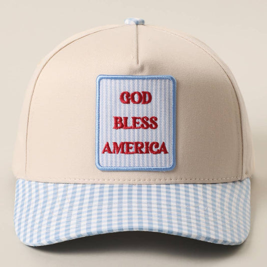Gingham Trucker Hat, GOD BLESS AMERICA Embroidered Patch  SKY BLUE / ONE SIZE