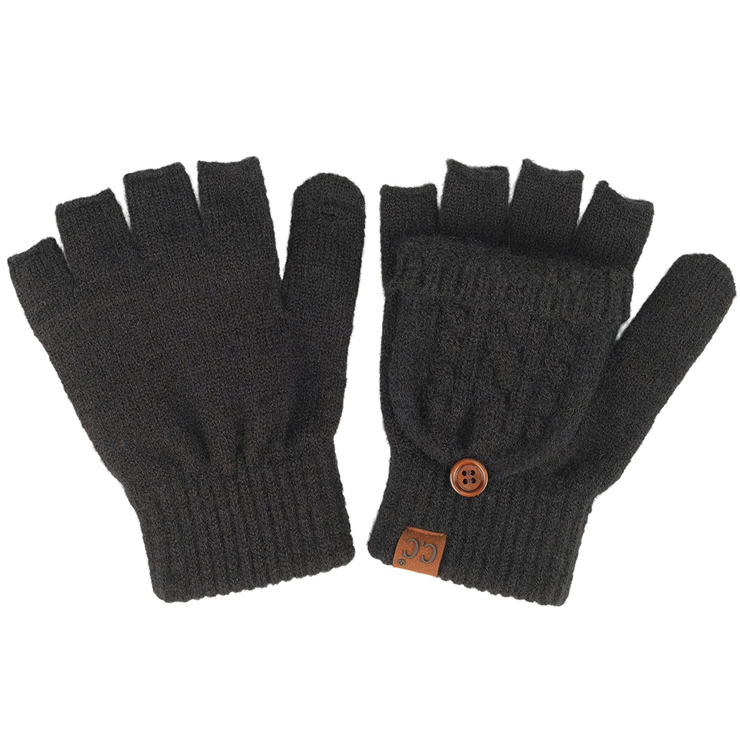 Black Cable Pattern Convertible Flips Mitten Gloves