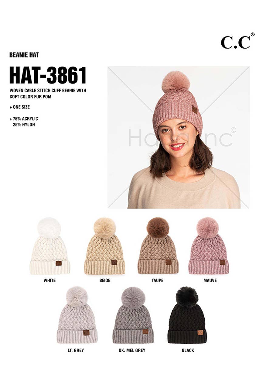White Woven Cable Stitch Cuff Soft Pom Beanie Winter Hat