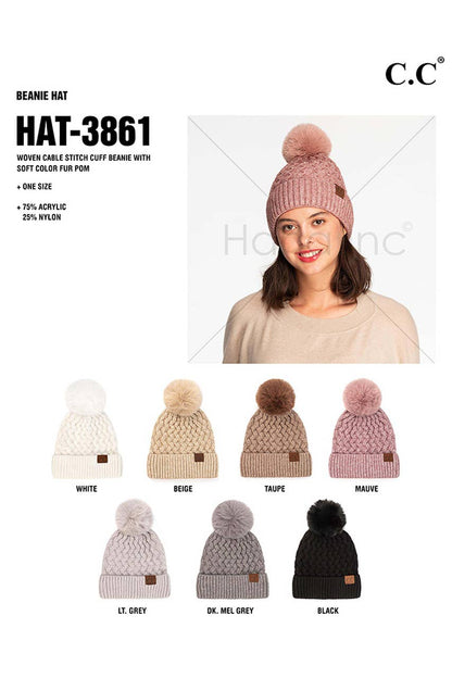 White Woven Cable Stitch Cuff Soft Pom Beanie Winter Hat