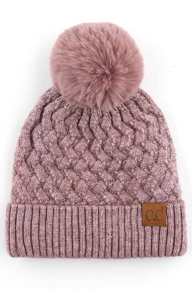 Dark Melange Gray Woven Cable Stitch Cuff Soft Pom Beanie Winter Hat: