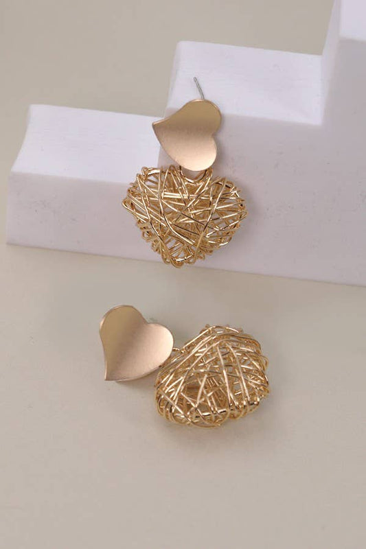 Matte Gold Double Wired Heart Dangle