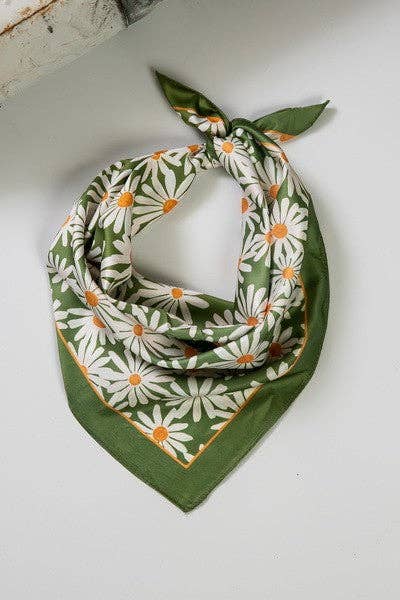 Green w/Daisy Silky Feel Bandana Scarf