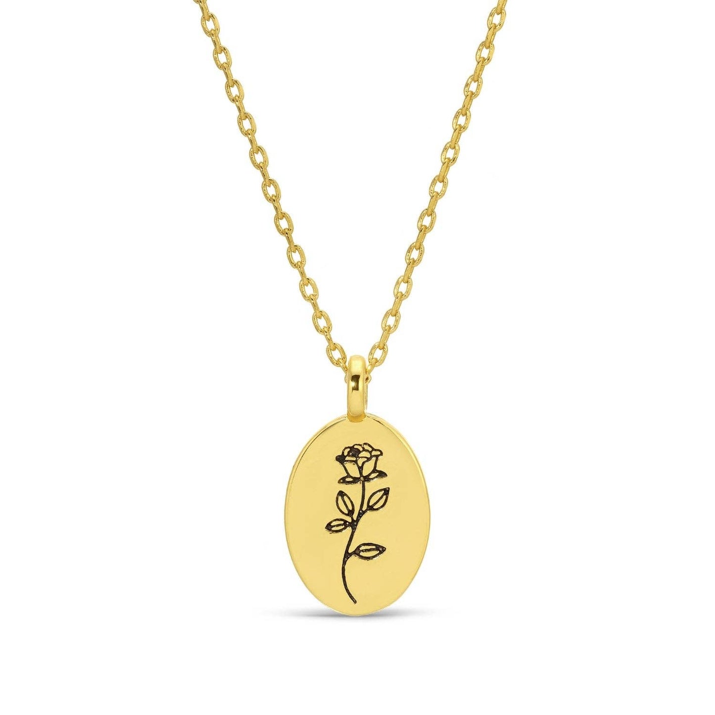 Etched Rose Stem Oval Pendant Necklace