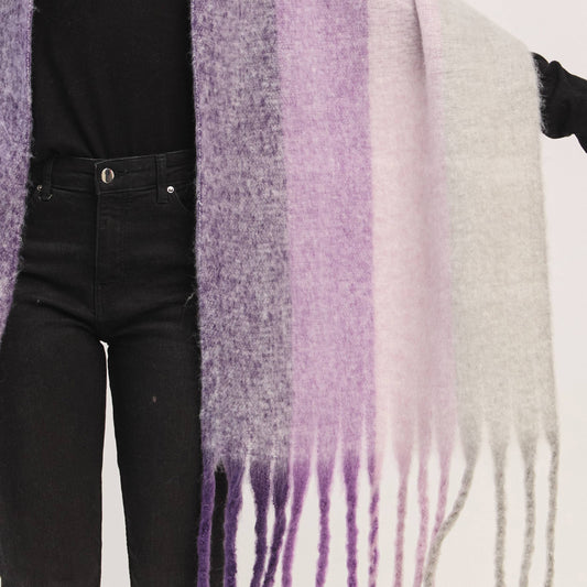 Purple Solid Brushed Color Stripe Block Fringe Scarf