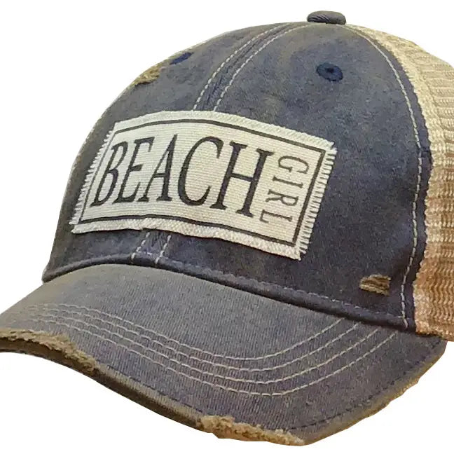 Navy Beach Girl Distressed Trucker Hat