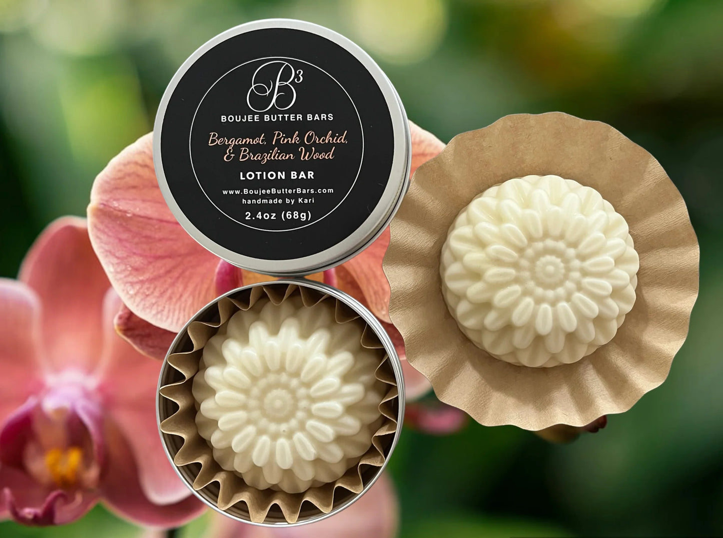 Bergamot, Pink Orchid & Brazilian Wood Scented Lotion Bar in Tin (2 Sizes)