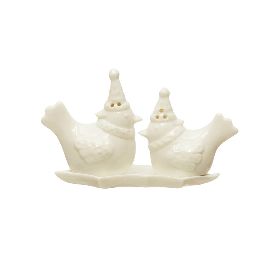 Stoneware Bird Salt & Pepper On Leaf