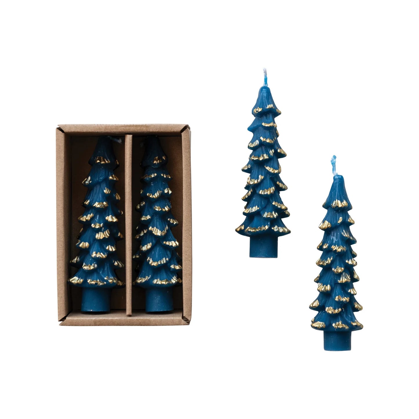 Unscented Tree Shaped Taper Candles w/ Gold Tips in Box, Blue, Set of 2