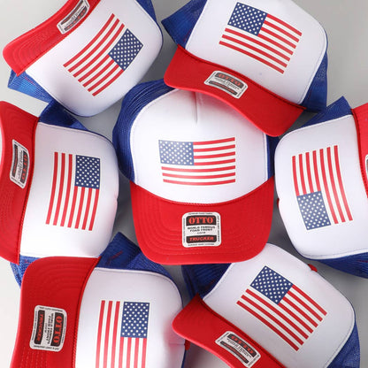 USA Flag High Quality Logo Print Foam Trucker Hat, ONE SIZE