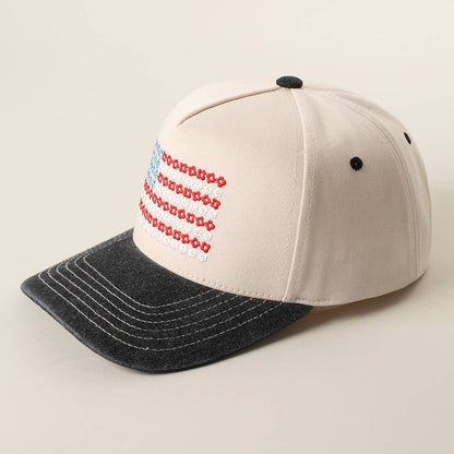 Blk. Denim Floral American Flag Embroidered Two-Tone Denim Trucker Hat ONE SIZE