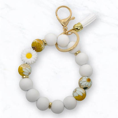 Beaded Daisy Flower Bracelet Keychain: Purple