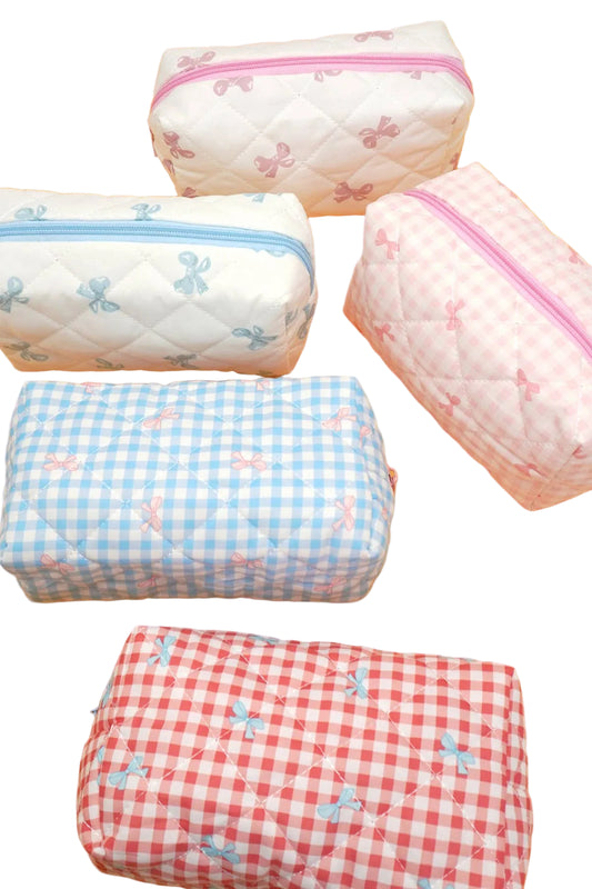 Quilted Cotton Bow Cosmetic Pouch Bag