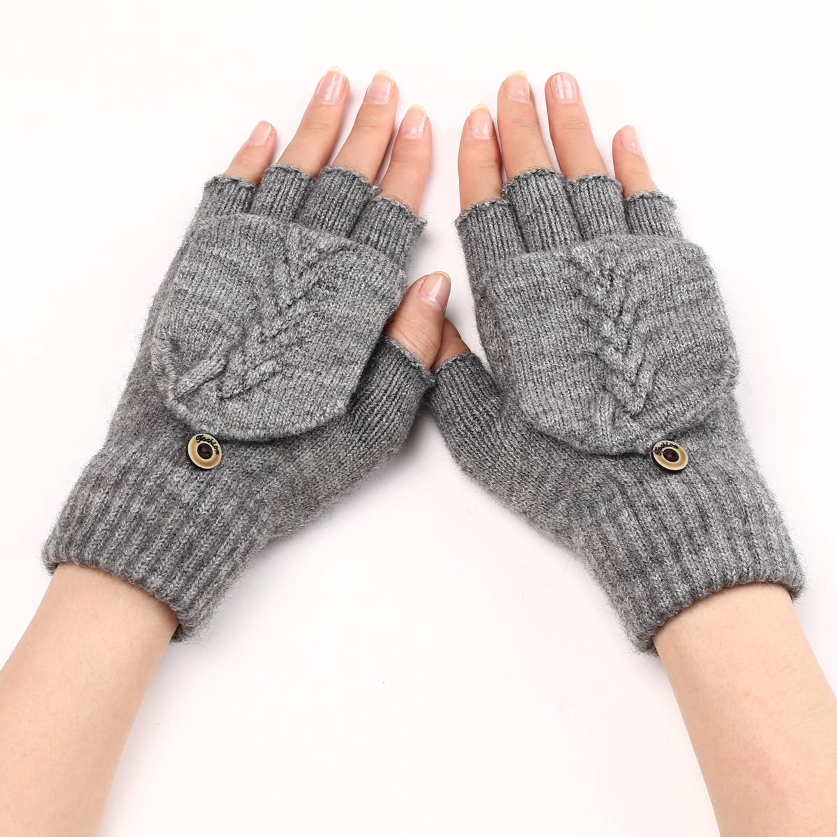 Gray, M Cable Knit Flap Half-Finger Warm Gloves