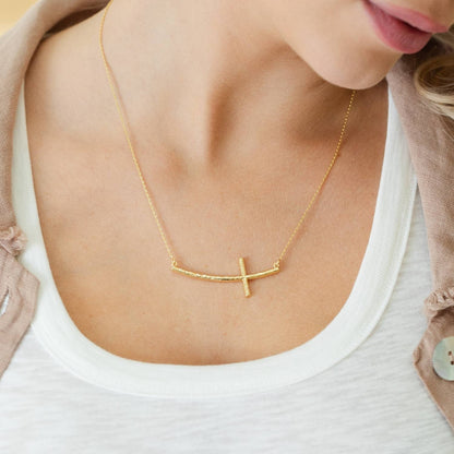 Lightly Textured Curved Cross Necklace