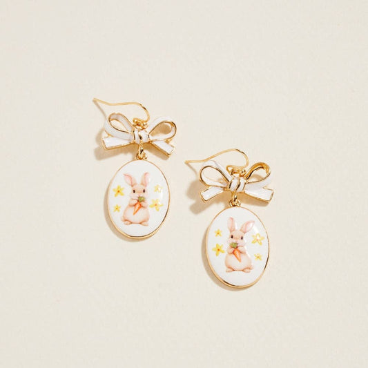 White Oval Easter Rabbit Enamel Bow Ribbon Hook Earrings