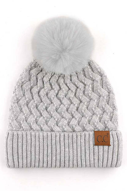 White Woven Cable Stitch Cuff Soft Pom Beanie Winter Hat