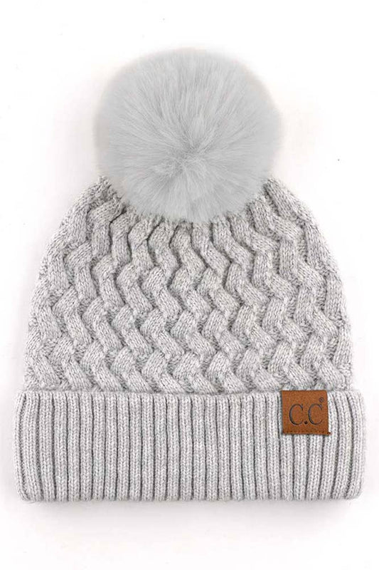 Light Gray Woven Cable Stitch Cuff Soft Pom Beanie Winter Hat