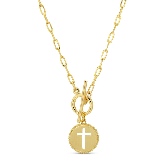 Gold Cross Paperclip Toggle Necklace