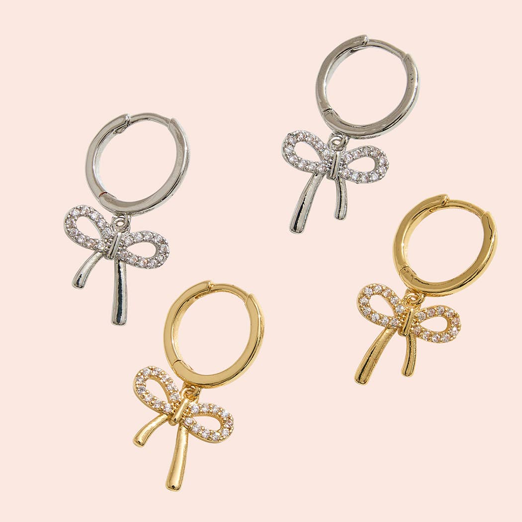 14K Gold-Dipped Bow Charm Huggie Hoop CZ Earrings