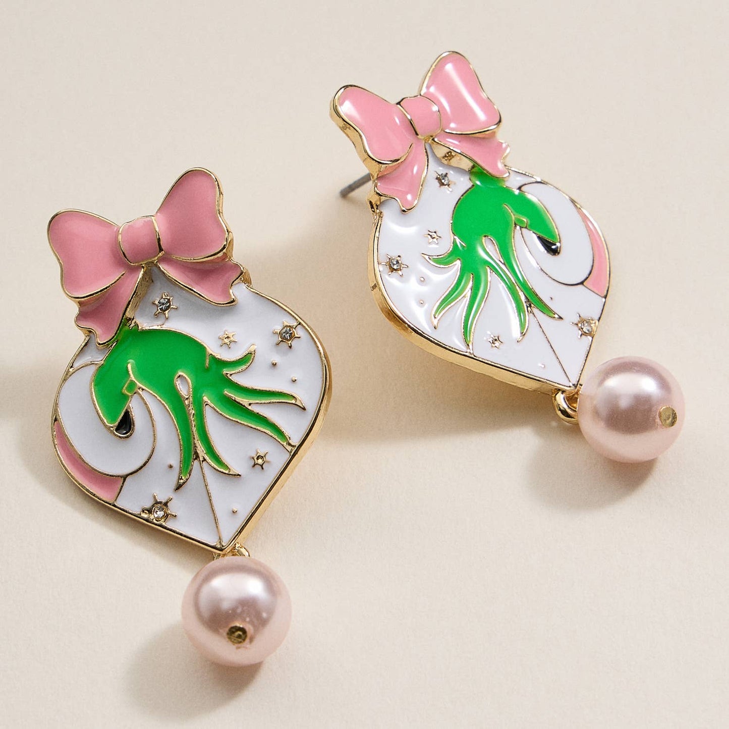 Pink Christmas Ball & Green Monster Dangling Earrings