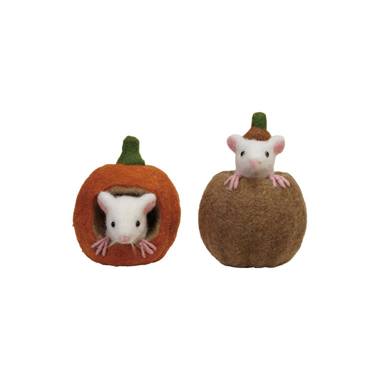 4" Round x 5-1/2"H Handmade Wool Felt Pumpkin with Mouse, 2 Styles