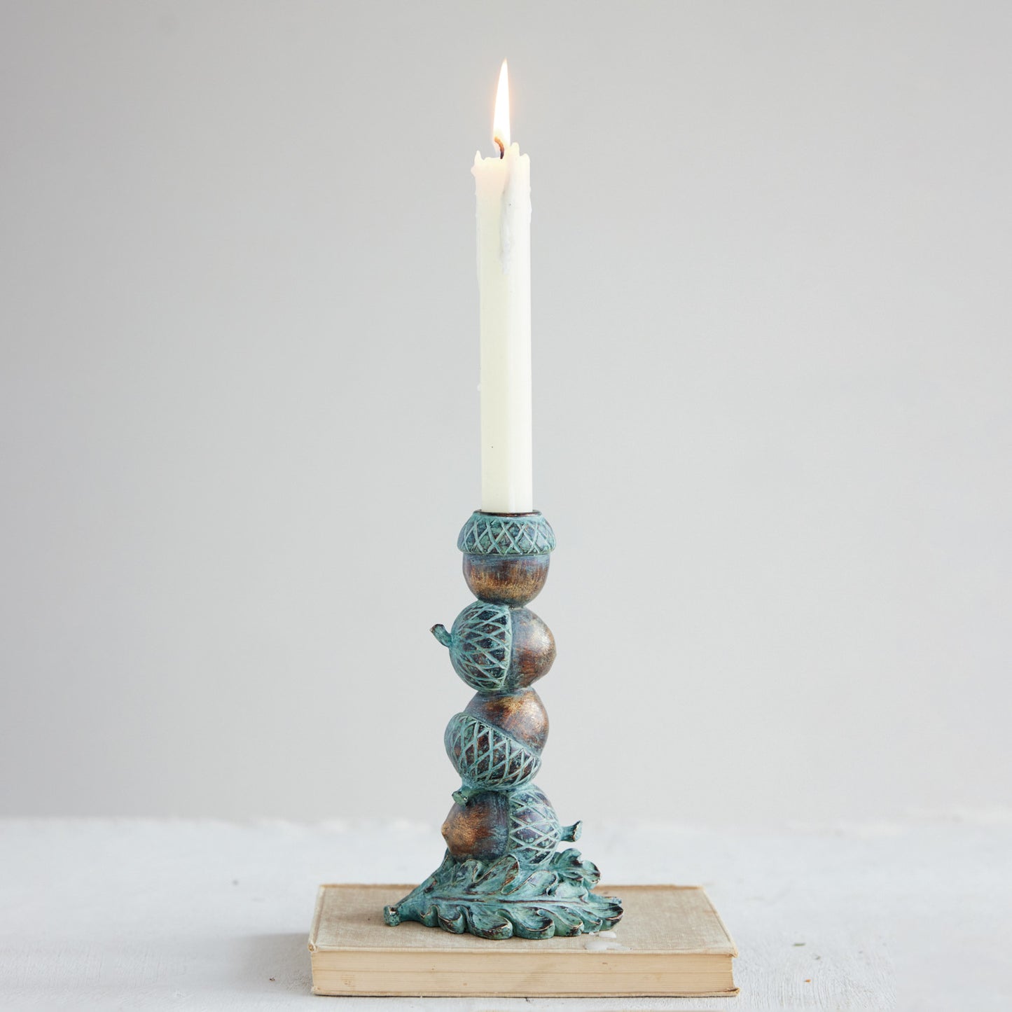 Resin Stacked Acorns Taper Holder, Verdigris & Copper Finish